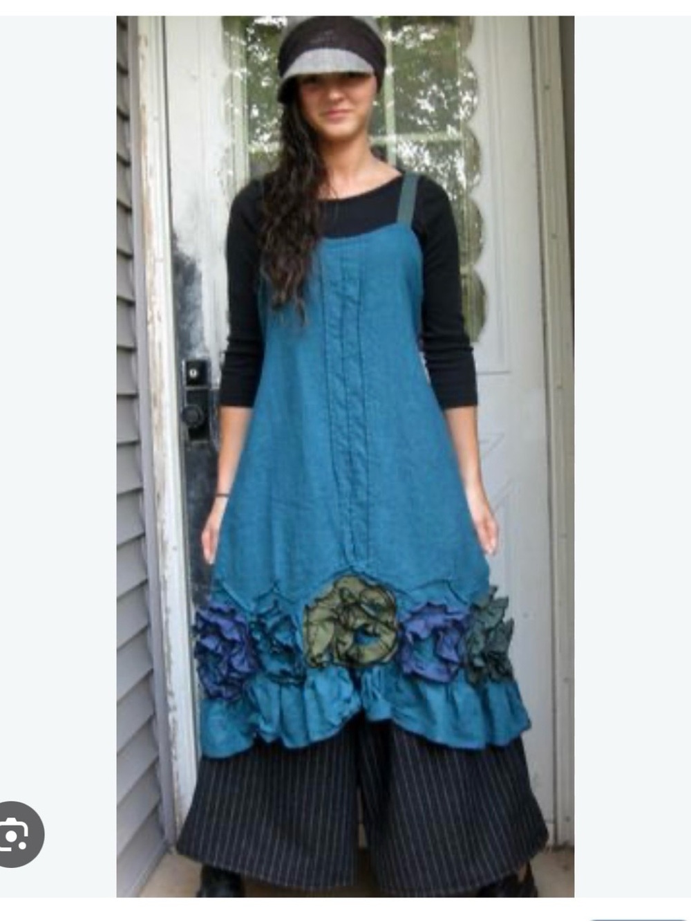 Sarah Clemens Boho Teal Floral-Trim Sleeveless Linen Dress